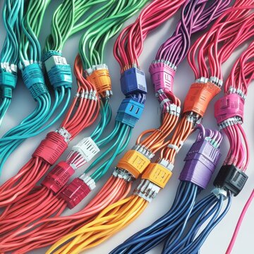 Close-up of multicolored electrical wires connected with plastic connectors on a white background