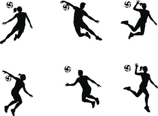 Dynamic volleyball player silhouettes, vector sports illustration showcasing athletic action poses, competitive game movement, black outline design for fitness, teamwork, energy, and lifestyle themes