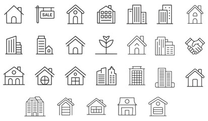 Collection of simple line art icons representing houses and buildings