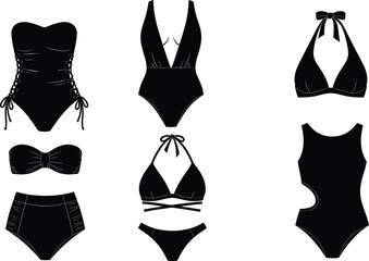 Elegant women’s swimwear silhouettes, fashionable bikini and one‑piece designs, modern vector illustration showcasing diverse styles, summer fashion, beach lifestyle, black outline art