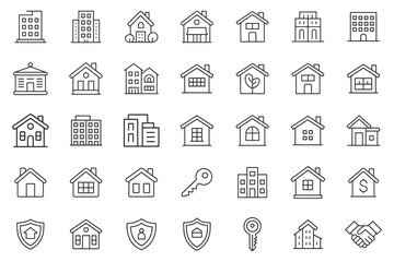 Collection of simple outline icons representing houses buildings and keys