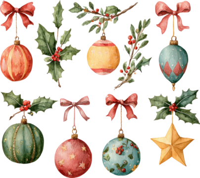 Watercolor Christmas ornaments, holly, ribbon, star, festive joy