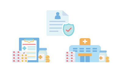 ヘルスケアの挿絵セット（病院・カルテ・健康情報と薬）