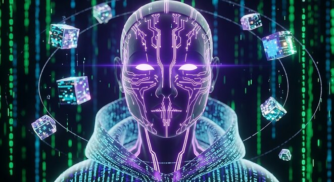 Futuristic cyborg with glowing eyes and circuit patterns surrounded by floating digital cubes