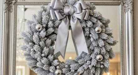 Elegant christmas wreath with silver bow and ornaments hanging on a mirror frame