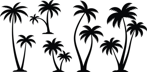 Tropical palm tree vector silhouettes, black outline designs with multiple variations, summer vacation nature illustration for travel, resort, beach, holiday themes © MdShahin