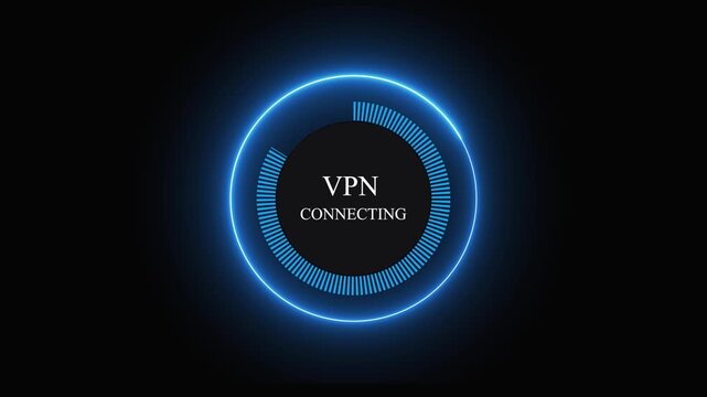 Futuristic Neon Blue Circle Loading Indicator with VPN Connecting Text. Glowing neon blue circle loader with VPN connecting overlay, futuristic digital progress animation for tech interfaces.