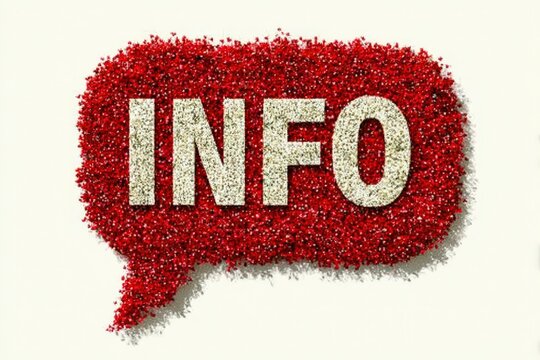 Red glittering speech bubble with INFO text depicting communication engagement and information-sharing dynamics in a modern context of digital discourse captured with clarity