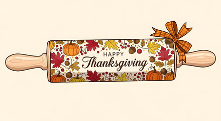 Happy Thanksgiving Rolling Pin Decorated with Autumn Leaves and Pumpkins