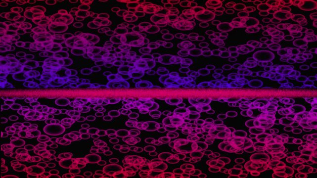 Abstract pattern of overlapping pink and purple bubbles on a black background with a horizontal red line. Dynamic abstract composition of pink and purple bubbles with red horizontal line on black .