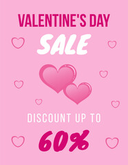 Romantic Valentine’s Day sale poster with pink 3D hearts and bold typography. Perfect for love-themed discounts, store promotions, and holiday advertising banners.