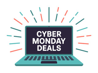 Cyber Monday deals are announced on a laptop screen with glowing radiating lines.