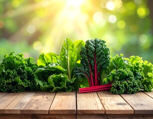 Assortment of fresh leafy greens resting on a wooden surface