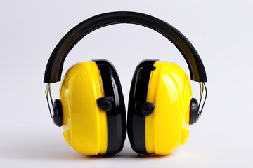 Yellow/black earmuffs. Safety hearing protection on white
