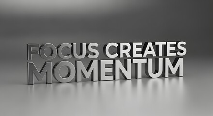 3D metallic text displaying the motivational phrase 'FOCUS CREATES MOMENTUM' on a smooth reflective surface with a gradient background
