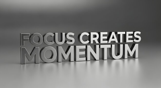 3D metallic text displaying the motivational phrase 'FOCUS CREATES MOMENTUM' on a smooth reflective surface with a gradient background