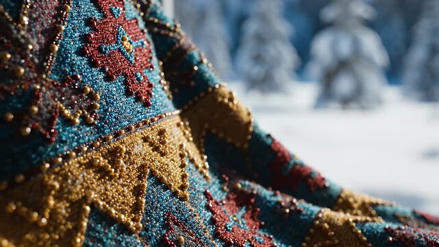 Close Up Shot of Ornate Textile with Gold and Red Pattern in Snowy Forest
