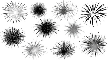 Abstract monochrome fireworks explosion set. Stylized black and white celebration burst elements for design, vector illustration.