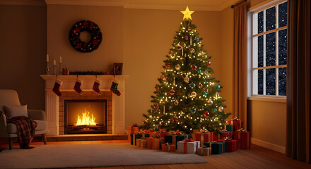 Cozy Christmas Scene with Decorated Tree, Fireplace, and Gifts