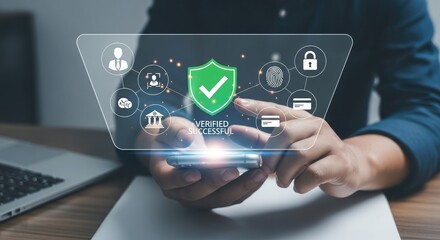 Businessman using smartphone with data protection and security system