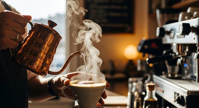 Pouring hot water from a copper kettle into a coffee cup with steam rising in a cafe setting