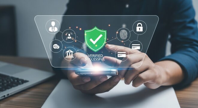 Businessman using smartphone with data protection and security system