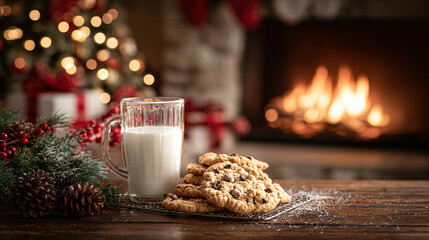 Christmas cookies and milk near decorated fireplace 