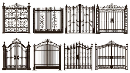 Diverse collection of classic ornate metal gates, wrought iron designs for elegant entrances and property security isolated on white.