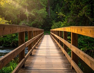 Wooden Bridge Over Stream in Lush Green Forest at Sunset