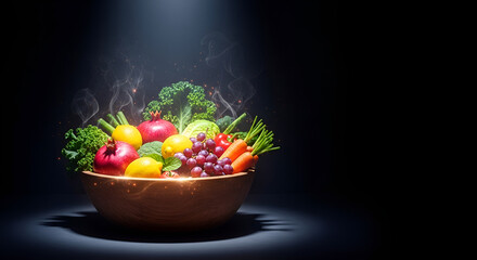 A bowl full of fresh fruits and vegetables under a spotlight against a dark background scene setting
