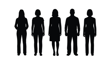 Vector illustration of diverse adult silhouettes standing together, black figures isolated on white background