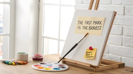 A blank canvas on an easel with brush and motivational notes