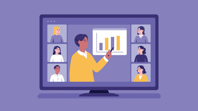 Online meeting with a presenter showing a bar graph to a group of people on a computer screen