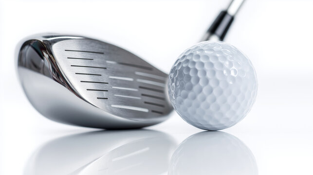 A close up shot of a golf club and a golf ball on a white reflective surface
