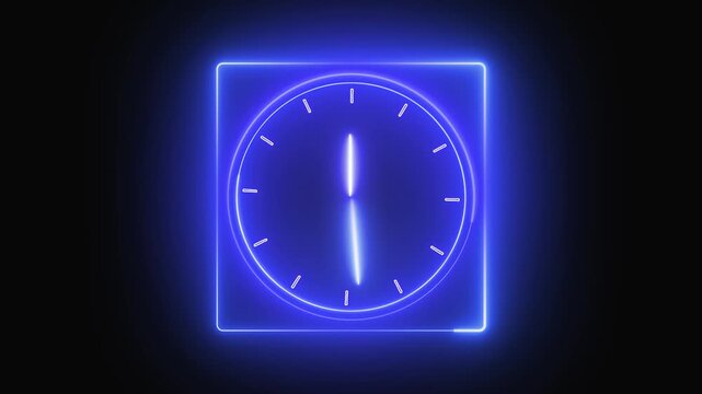 Blue Neon Clock Face with Square Frame and Glowing Aura on Dark animation Background time. Bule luminous square timer with shining outline and precise moving hands in digital motion time.