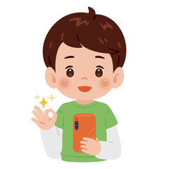 スマートフォンを持ってOKポーズする男の子　上半身イラスト／Upper Body Illustration of Boy Giving OK Sign While Holding Smartphone