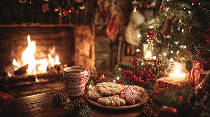 Christmas cozy fireplace with hot cocoa and cookies 