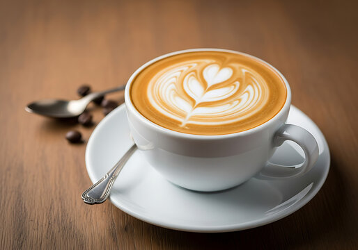 A close-up shot of a creamy latte with intricate foam art, served in a white cup on a saucer with coffee beans and a spoon.