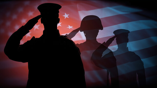 Silhouettes of soldiers saluting in front of the american flag in a patriotic display