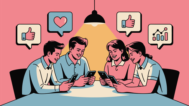 Group of people using smartphones at a table with social media icons above their heads in a pink room