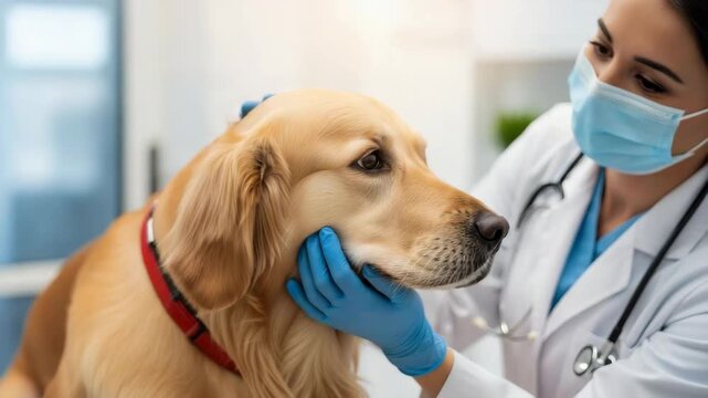 Caring veterinarian gently examining golden retriever in bright modern clinic