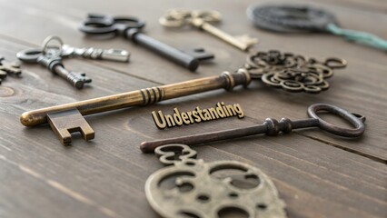 A collection of antique keys and the word understanding