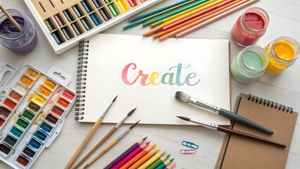 A colorful sketchbook surrounded by art supplies ready to create