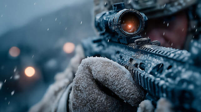 A soldier aiming a rifle with a scope in a snowy environment during winter season