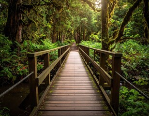 Wooden Bridge Pathway Through Lush Green Forest