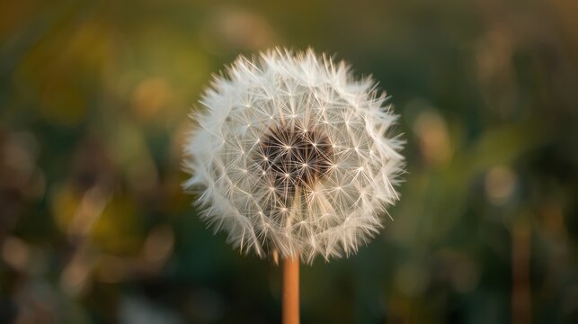 Close up of a fluffy dandelion seed head in soft natural light