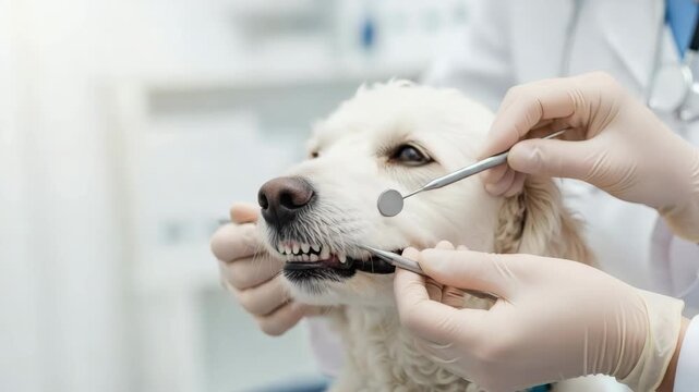 Veterinarian examining dog’s teeth during dental checkup in bright clinic