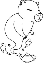 A Mystical Capybara Genie Rising From A Magic Lamp, Black And White Vector Outline