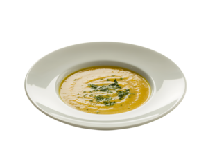 A bowl of creamy yellow soup garnished with fresh herbs, isolated on transparent background