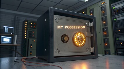 A glowing safe box safeguarding data inside a dark room